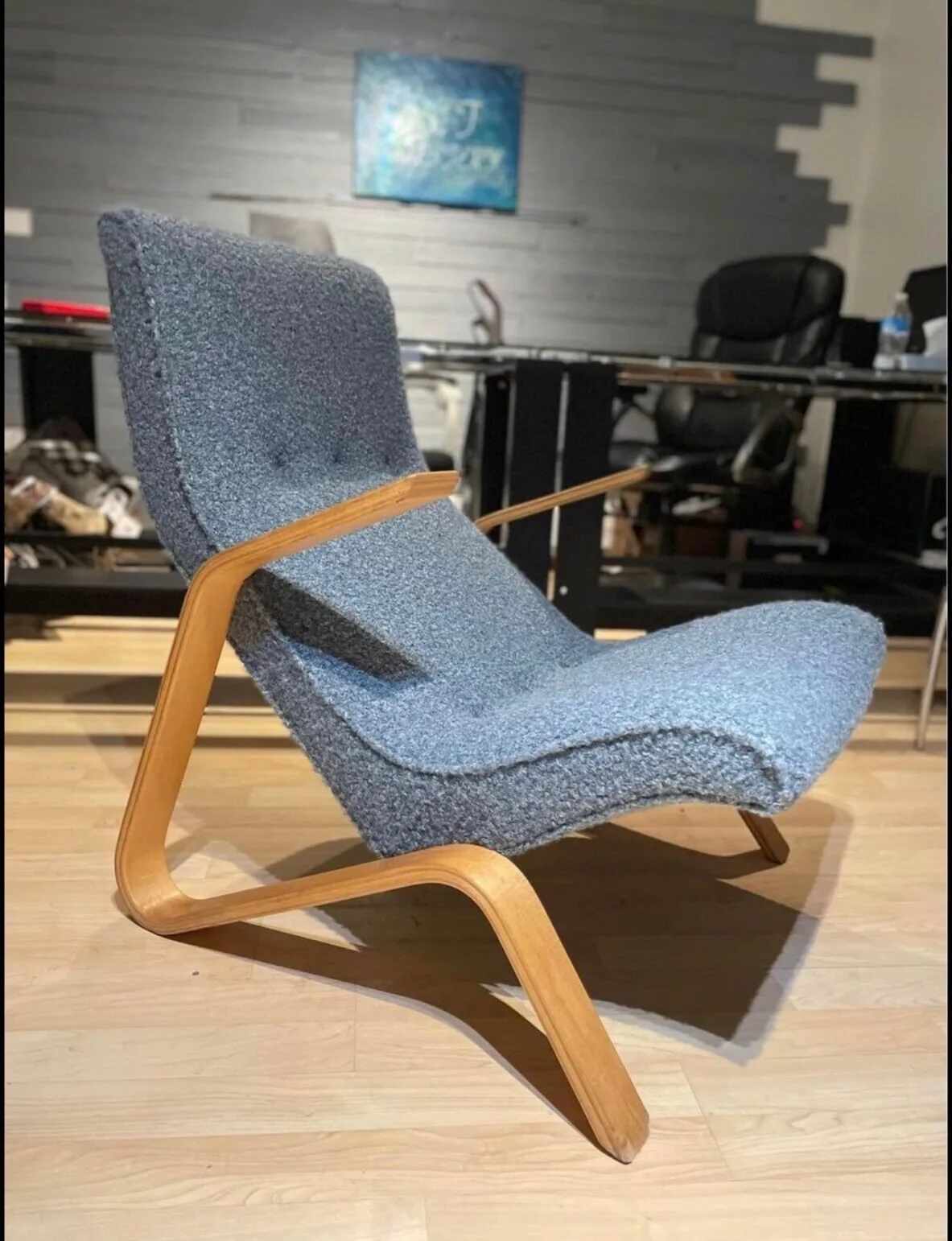 Grasshopper-style lounge chair reupholstered in blue-gray bouclé with bentwood frame